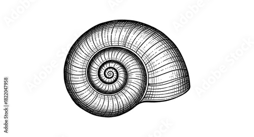 Intricate black and white nautilus shell design with detailed line art