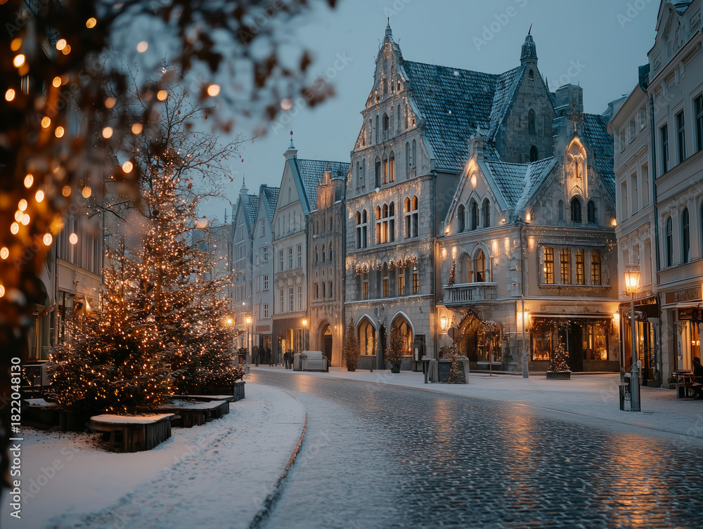 Obraz premium European Pedestrian Street Covered in Snow with Glowing Christmas Trees in the evening