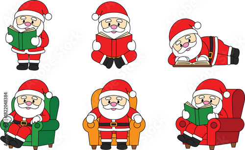 Cute cartoon Santa Claus vector set reading books sitting on armchair and lying down for Christmas holiday season design projects.