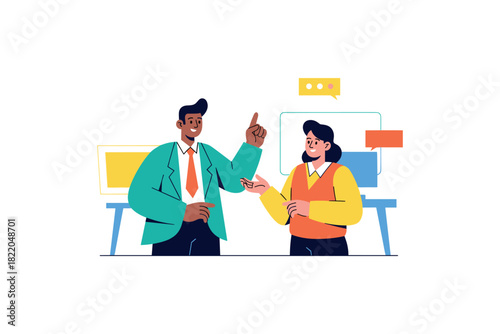 Two cartoon professionals discussing in office environment with speech bubbles