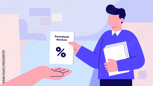 Person Distributing Promotional Brochures – Modern Flat Pastel Illustration