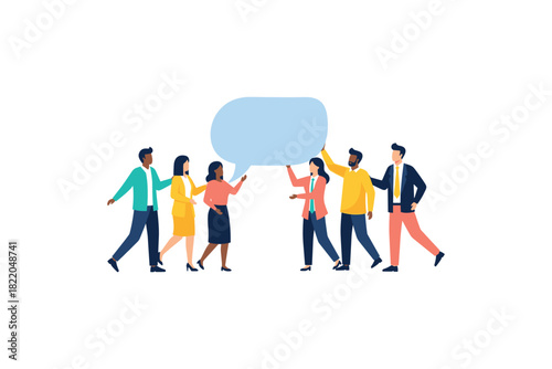 Diverse group of adults engaging in collaborative conversation with speech bubble