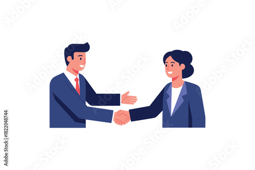 Business agreement: cartoon male and female shaking hands in professional setting