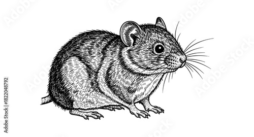Intricate black and white rodent drawing with fine detail and texture