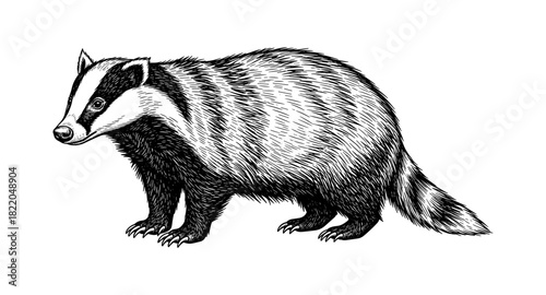 Detailed black and white badger with intricate fur patterns