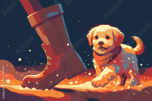 Puppy in scarf running through snow, leaving tiny footprints, sparkling frost