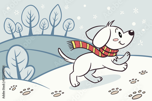 Puppy in scarf running through snow, leaving tiny footprints, sparkling frost