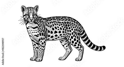 Intricate pen and ink drawing of a spotted wild cat in detailed profile