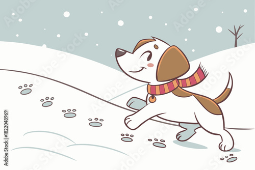 Puppy in scarf running through snow, leaving tiny footprints, sparkling frost