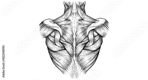 Detailed anatomical drawing of upper back muscles in black and white