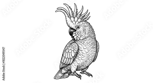 Detailed black and white tropical cockatoo bird with intricate feather design
