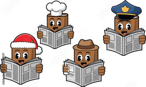 Funny cartoon character mascot set reading newspaper wearing Santa chef police and detective hats isolated on white background vector art.