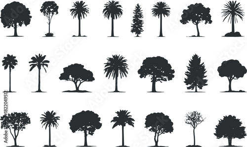 Various tree types and shapes in silhouette form