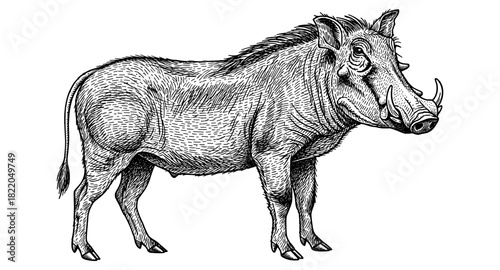 Detailed black and white engraving of a warthog in classic style