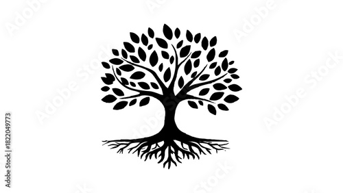A simple, black, graphic design of a tree white background. Silhouette tree graphic design. Silhouette of a tree with leaves and roots on a white background. 