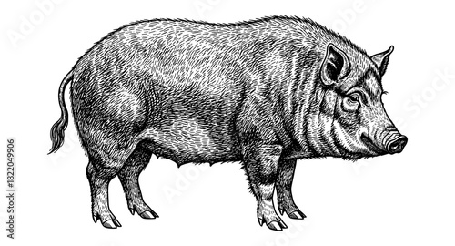 Realistic vintage style engraving of a wild boar with detailed fur texture