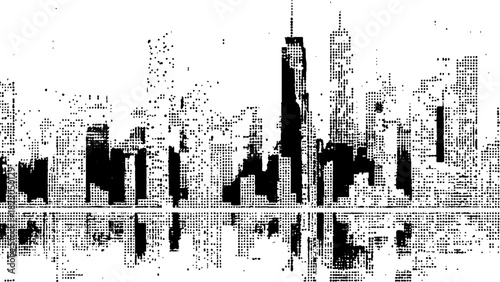 Halftone dots abstract cityscape graphic design. Halftone dots city silhouette at white background.