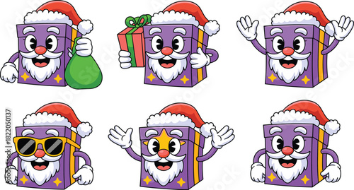 Funny cartoon Santa gift box mascot vector set featuring poses holding sack and wearing cool sunglasses for Christmas.