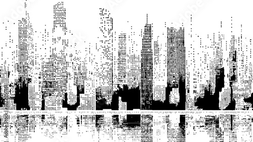 Halftone dots abstract cityscape graphic design. Halftone dots city silhouette at white background.