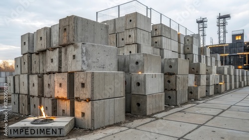 Arrangement of stacked geometric concrete blocks in an outdoor industrial setting.