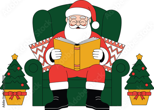 Happy Santa Claus sitting in green armchair reading book with Christmas trees and pillows vector illustration.