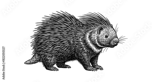 Detailed black and white drawing of a porcupine with intricate spines on white background