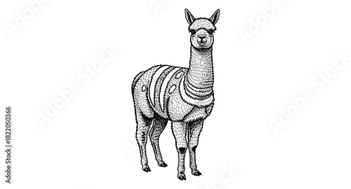 Detailed monochrome illustration of llama with ornate patterns