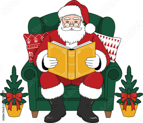 Santa Claus sitting in green armchair reading yellow book with Christmas trees and pillows vector illustration for holiday season design.