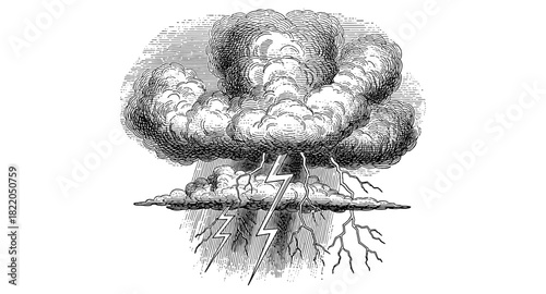 Vintage thunderstorm engraving with lightning and clouds