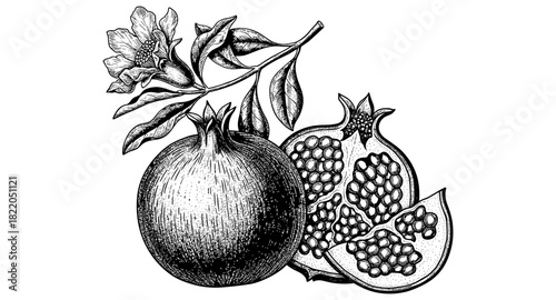 Detailed botanical pomegranate drawing with leaves and blossom in black and white