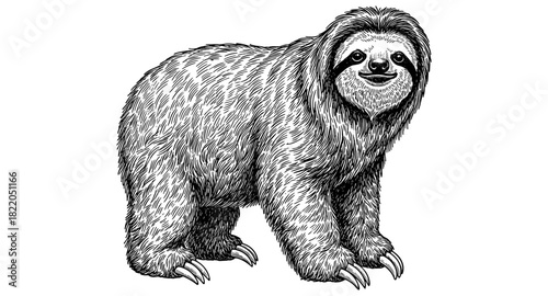 Detailed hand-drawn sloth character in black and white
