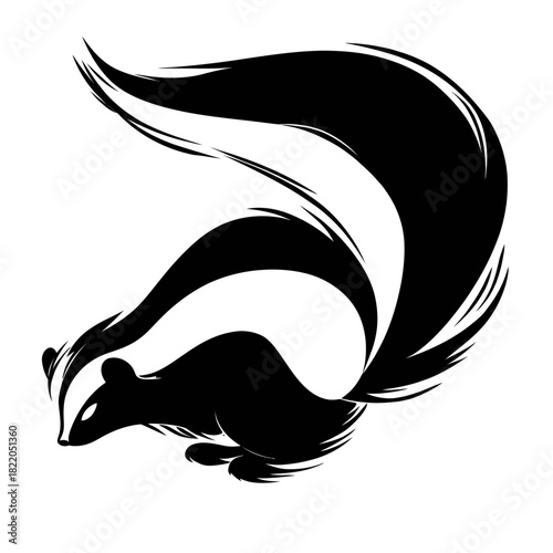 Stylized illustration of a skunk with bold black and white brushstroke design