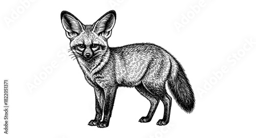 Detailed black and white fox drawing with intricate fur and sharp features