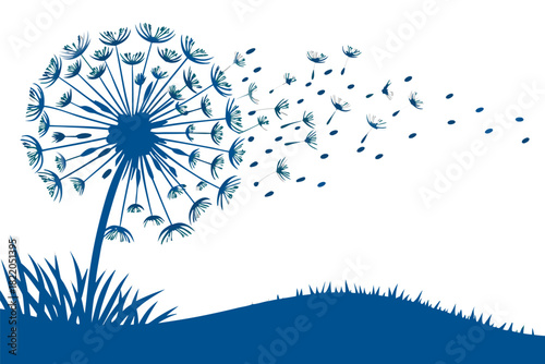 Silhouette of a dandelion seed head blowing in the wind, showing seeds dispersing against a, symbolizing change and freedom