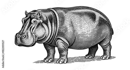 Intricate hippo engraving in black and white with detailed shading and lines