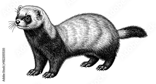 Detailed black and white drawing of a european polecat with fine fur texture
