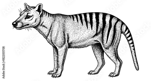 Detailed black and white drawing of a tasmanian tiger with striped fur