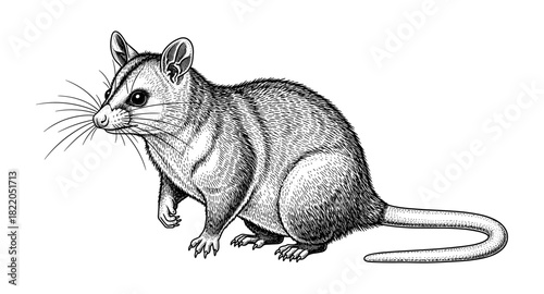 Detailed black and white drawing of a mouse with intricate fur patterns