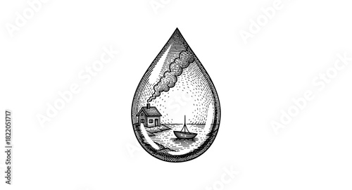 Vintage ink drawing of serene coastal landscape inside water drop