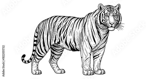 Intricate black and white tiger drawing with detailed stripes and fierce expression