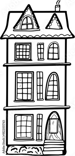 Illustration vectorielle joyeuse et stylisée d'une maison en pain d'épices ou d'un chalet décoré pour Noël. Le design simple et de style doodle est idéal pour les cartes de vœux, les étiquettes cadeau
