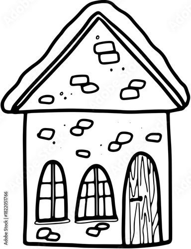 Illustration vectorielle joyeuse et stylisée d'une maison en pain d'épices ou d'un chalet décoré pour Noël. Le design simple et de style doodle est idéal pour les cartes de vœux, les étiquettes cadeau
