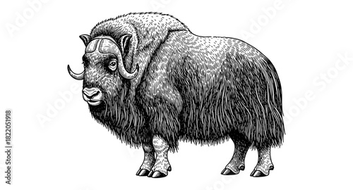 Detailed ink drawing of a majestic musk ox in profile with intricate fur patterns