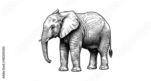 Detailed black and white engraved elephant sketch with intricate patterns