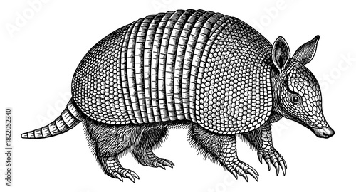 Detailed armadillo line drawing in black and white, featuring intricate patterns and textures