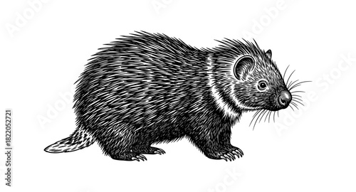 Engraved style porcupine art on white background