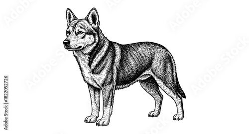 Intricate hand-drawn dog artwork showcasing a detailed canine in vintage black and white style