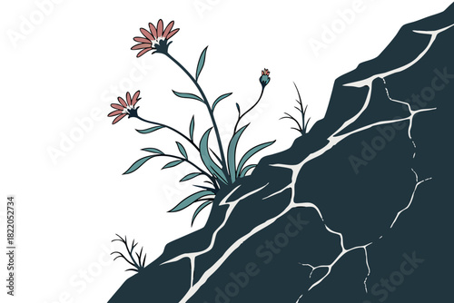 Minimalist illustration of a resilient pink wildflower growing out of a dark, cracked rock formation against a stark, symbolizing strength and perseverance in adversity