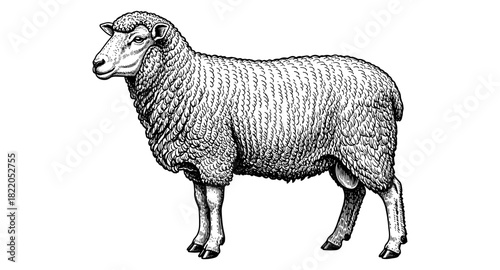 Detailed black and white sheep in vintage engraving style