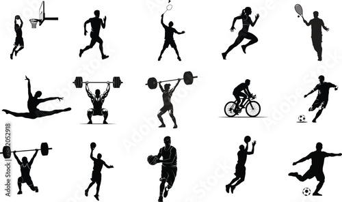 Diverse sports silhouettes collection athletes in action vector illustration